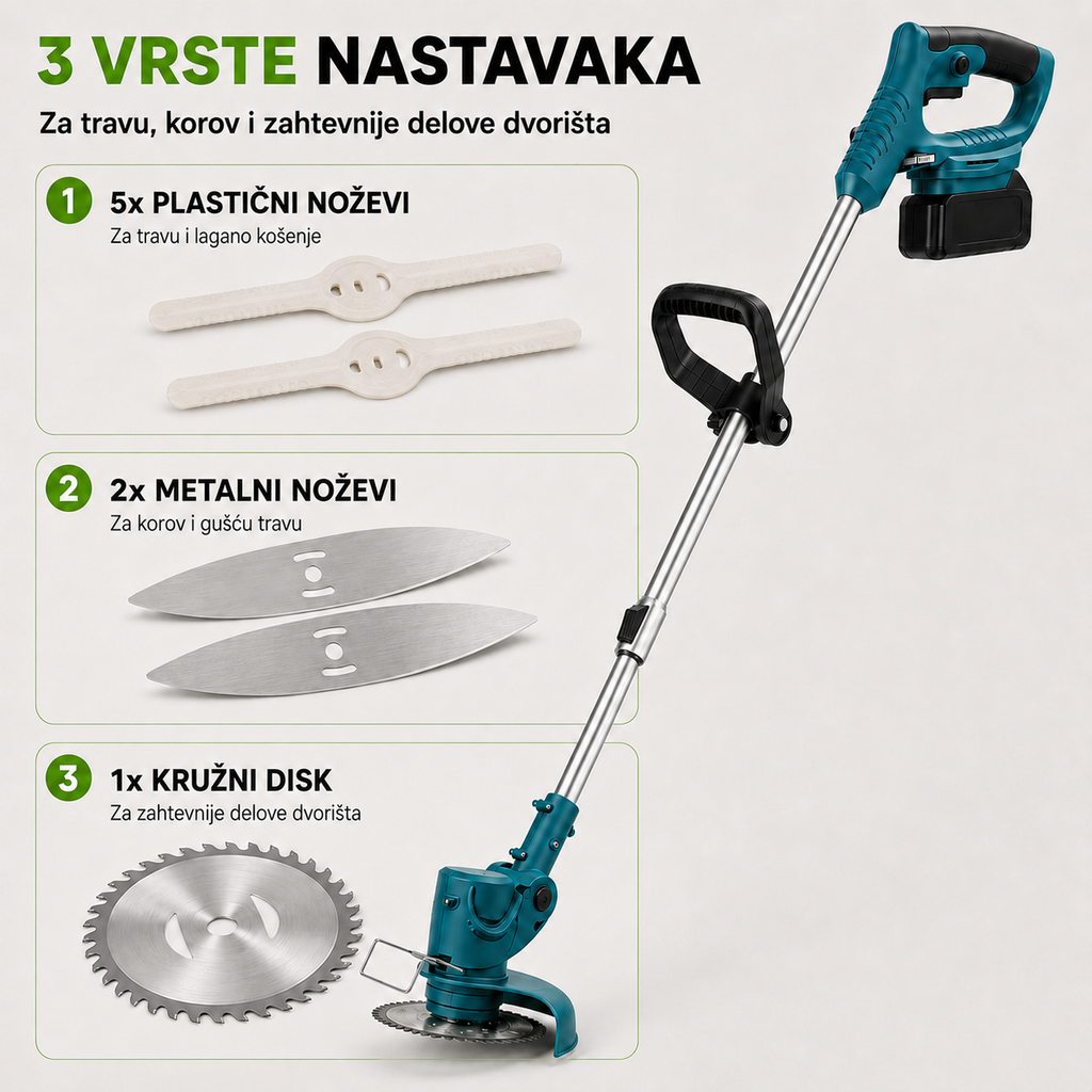 BEŽIČNI TRIMER ZA KOŠENJE TRAVE SA DVE BATERIJE